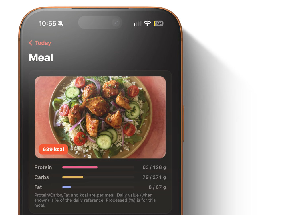 The 3sense Food meal review screen for a logged chicken salad: 639 kcal, with protein, carbohydrate and fat against the day's targets.