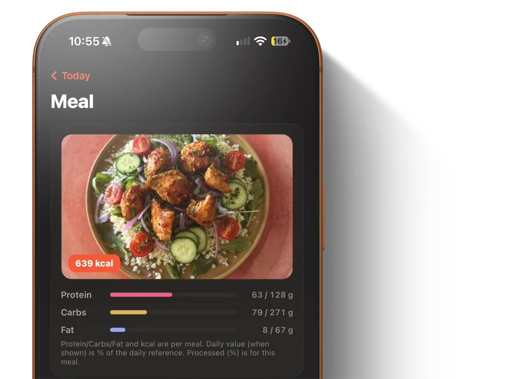 The 3sense Food meal review screen for a logged chicken salad: 639 kcal, with protein, carbohydrate and fat against the day's targets.