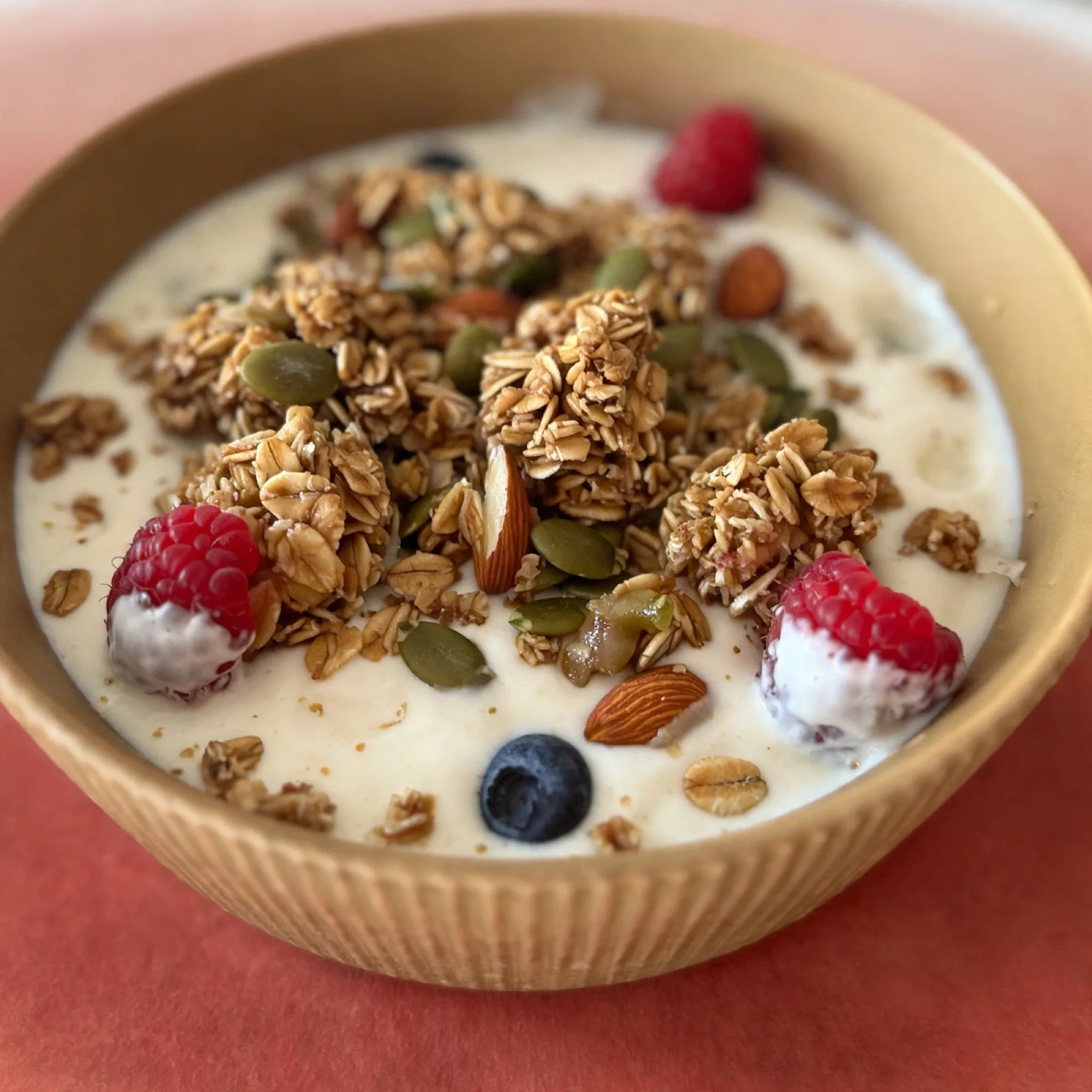 The logged yogurt parfait: granola, raspberries, blueberries, almonds and pumpkin seeds over yogurt in a pale bowl.