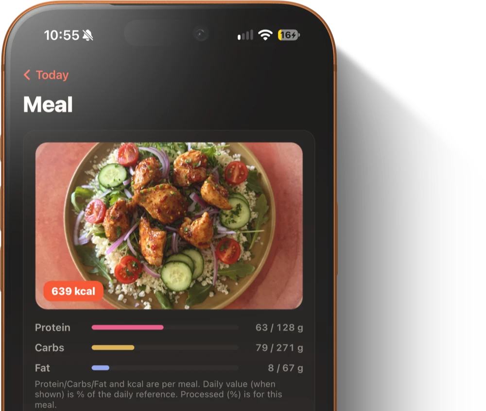 The Meal screen: a photographed chicken salad at 639 kcal, with protein, carbohydrate and fat against the day’s targets.